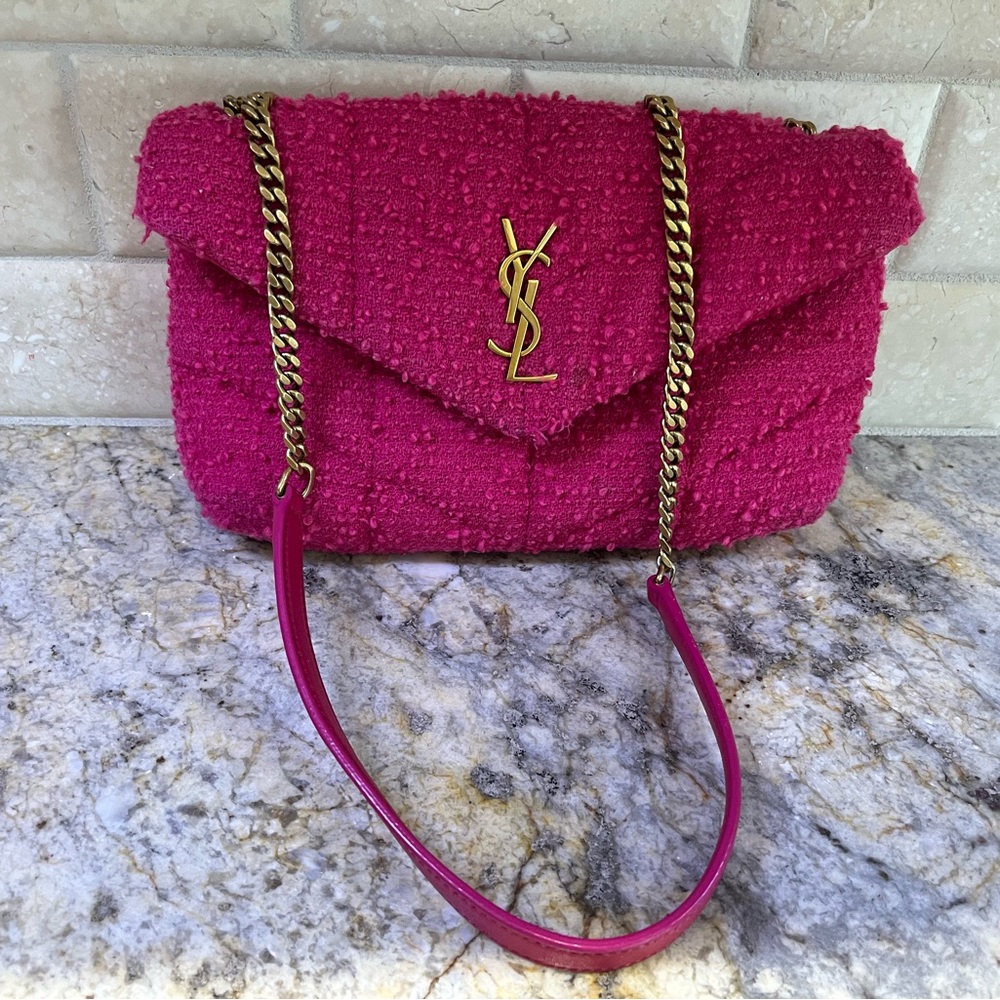 Authentic Yves Saint Laurent YSL Boucle Tweed Quilted Loulou Pink Bag